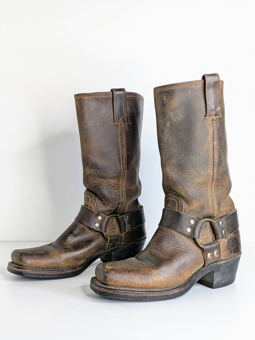 Frye Harness 12R Tall Boots 6.5 Brown Leather Square Toe Moto Western Pull On